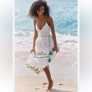 NWT retail $148 size S CELANDINE White Midi Dress with Floral Embroidery